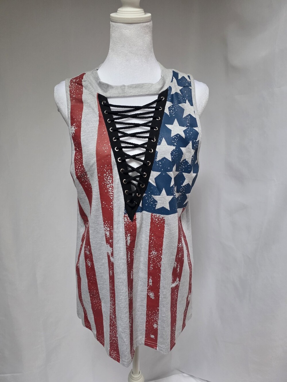 Entro American Flag Lace Up Tank Top Patriotic USA Graphic Size M